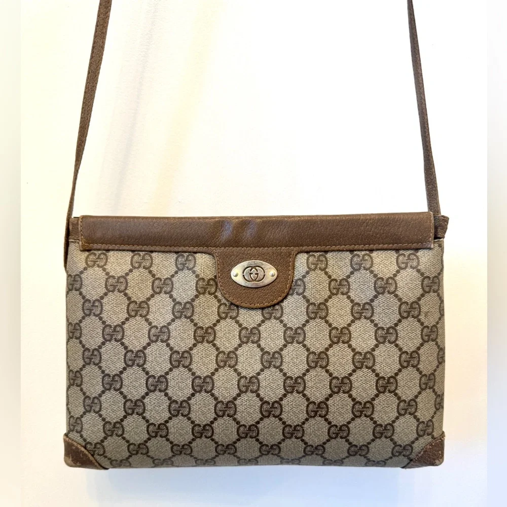 Gucci Vintage Crossbody Coated Canvas Shoulder Bag GG Monogram Leather Trim - Picture 9 of 17